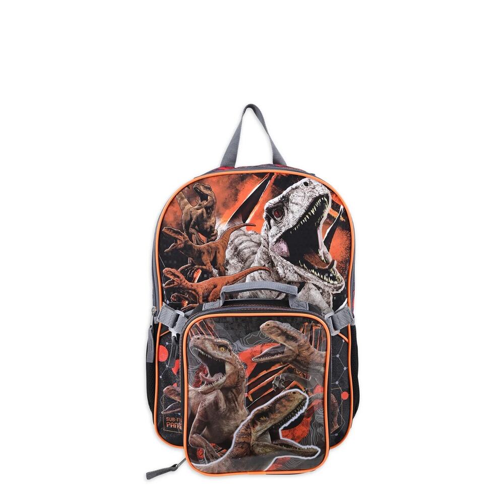 2-Piece Universal Jurassic World Boys 17” Backpack With Lunch Bag Black Orange